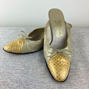 Salvatore Ferragamo leather mules bow & snakeskin detail size 7 vintage